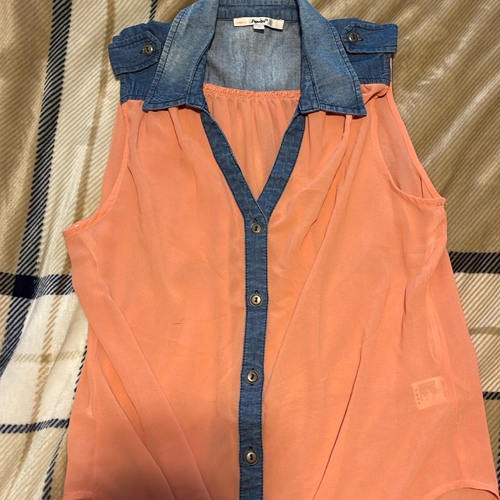 Blue and pink button up sleeveless shirt